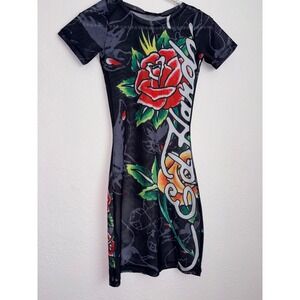 Ed Hardy Mesh Bodycon Dress Medium Black New Tattoo Rose Skull Mini